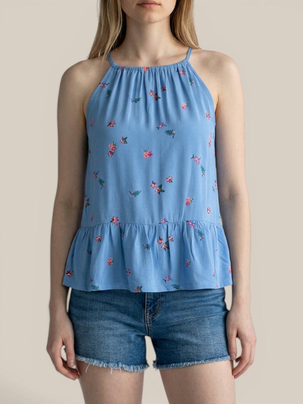 Old Navy Blue Floral High Neck Swing Tank Top Fits Womens XS Girls XL
